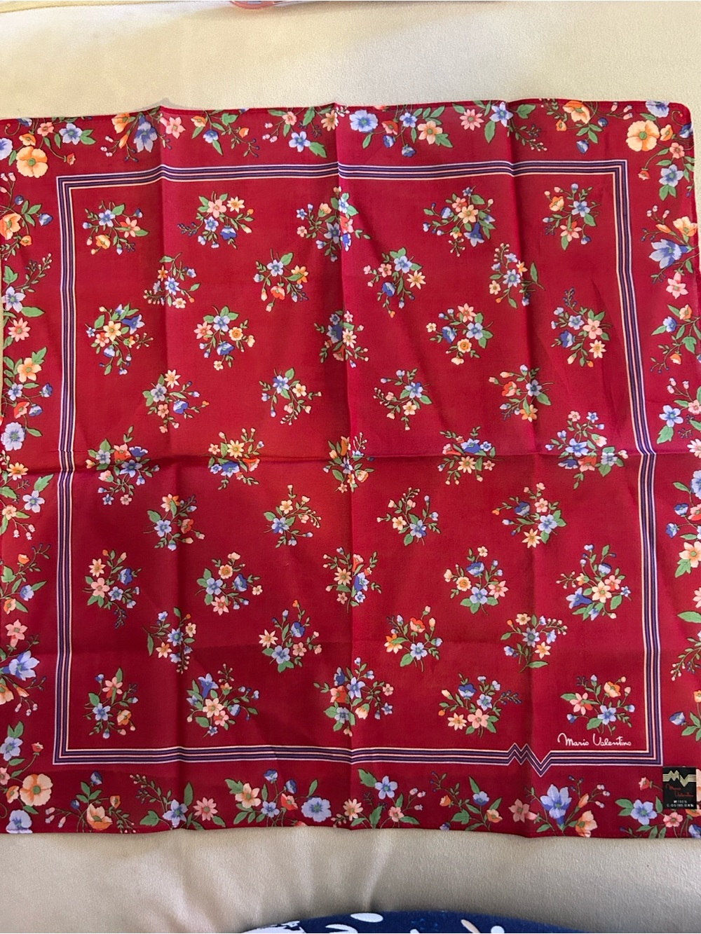 Mario Valentino Red Floral cotton neckerchief, bag /hair accessory NWT - Picture 1 of 5